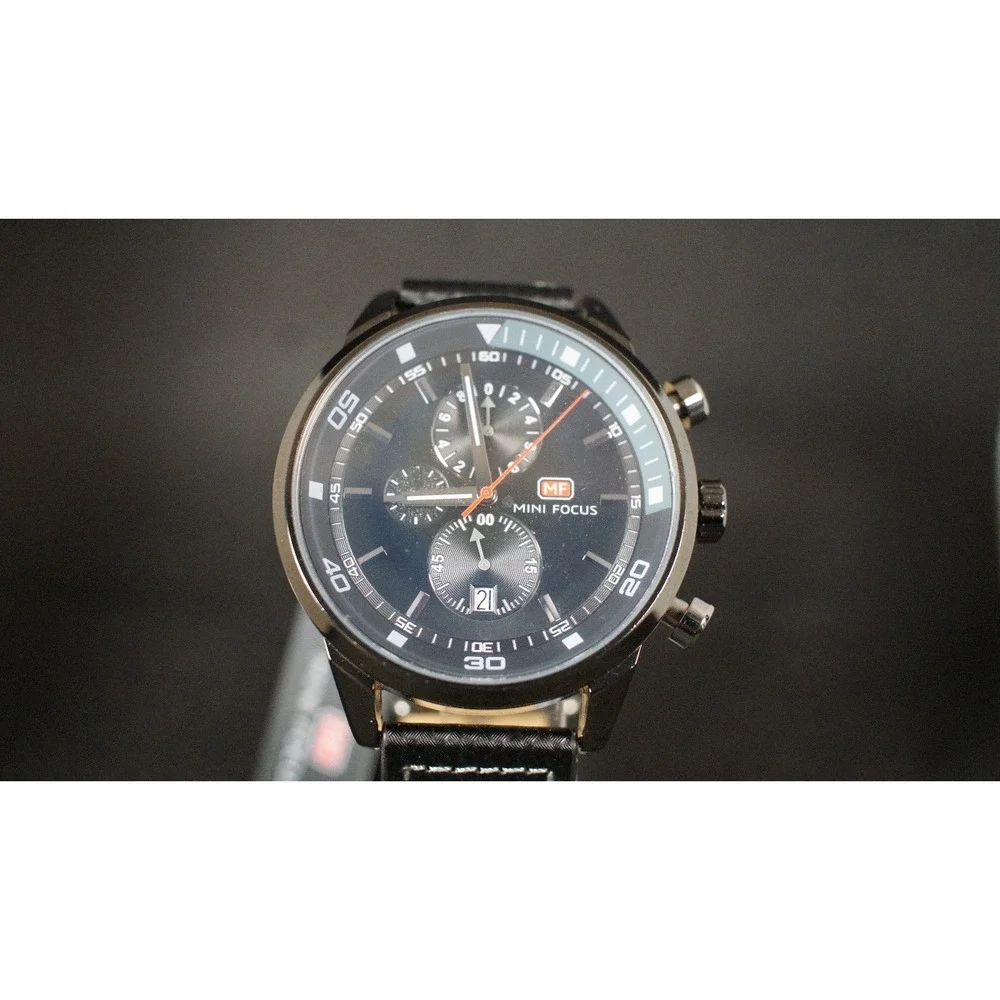 Mini Focus MF0017G Chronograph Quartz Watch 46mm Sport Black Leather Mens